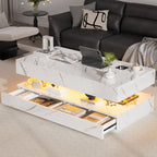 Contemporary White LED Coffee Table With Marble Texture & Display Shelf