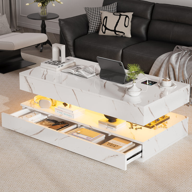 Contemporary White LED Coffee Table With Marble Texture & Display Shelf