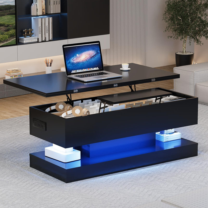 Modern Lift Top Black LED Coffee Table With Hidden Storage & Charging Station