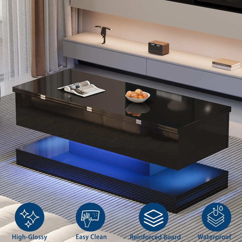 Modern Lift Top Black LED Coffee Table With Hidden Storage & Charging Station