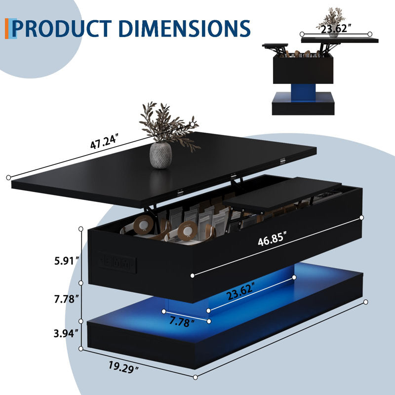 Modern Lift Top Black LED Coffee Table With Hidden Storage & Charging Station