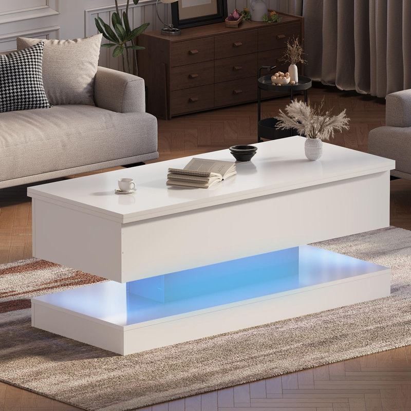 Modern Lift Top White LED Coffee Table With Hidden Storage & Charging Station