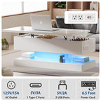 Modern Lift Top White LED Coffee Table With Hidden Storage & Charging Station