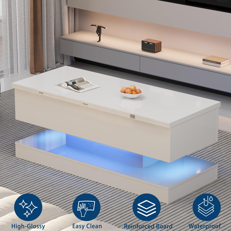 Modern Lift Top White LED Coffee Table With Hidden Storage & Charging Station