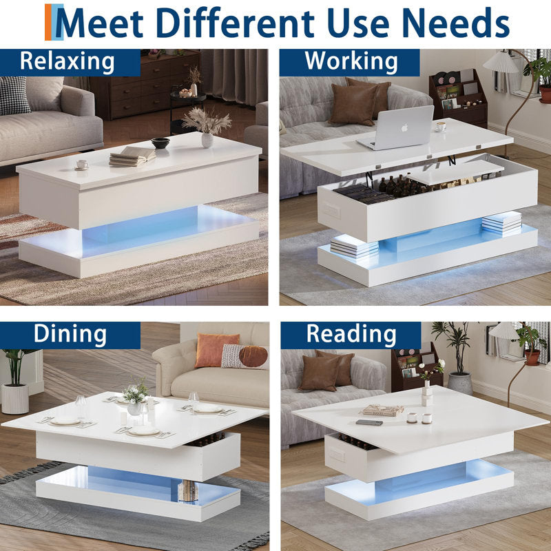 Modern Lift Top White LED Coffee Table With Hidden Storage & Charging Station