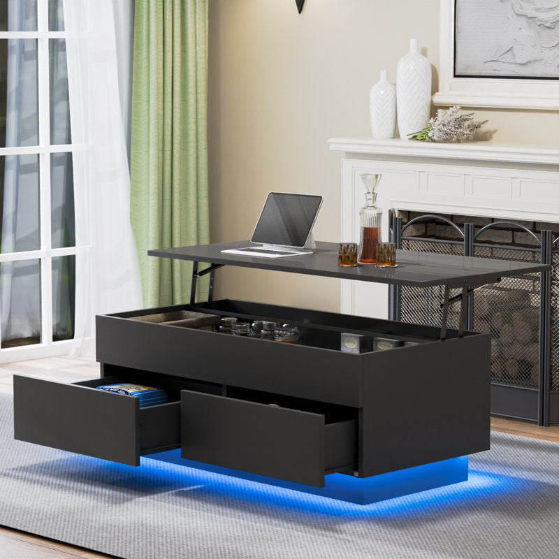 Minimalist Lift Top Black LED Coffee Table With Storage Compartments