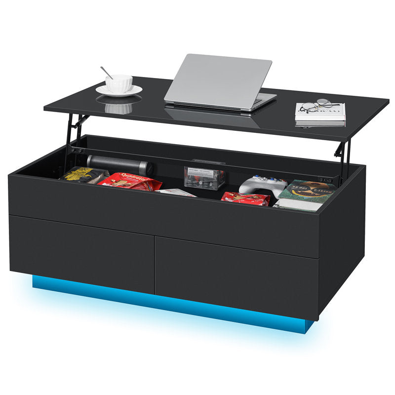 Minimalist Lift Top Black LED Coffee Table With Storage Compartments