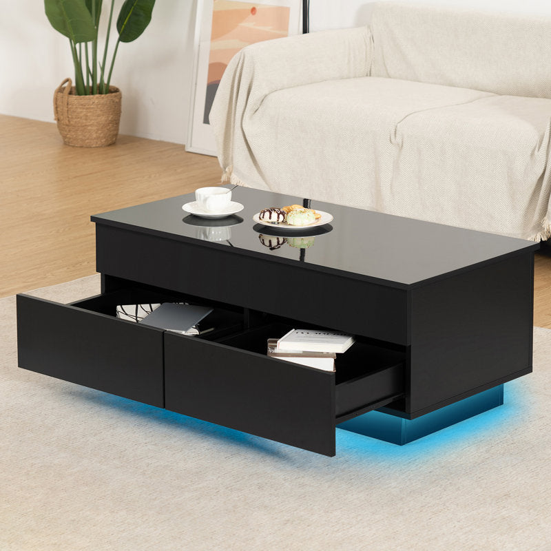 Minimalist Lift Top Black LED Coffee Table With Storage Compartments