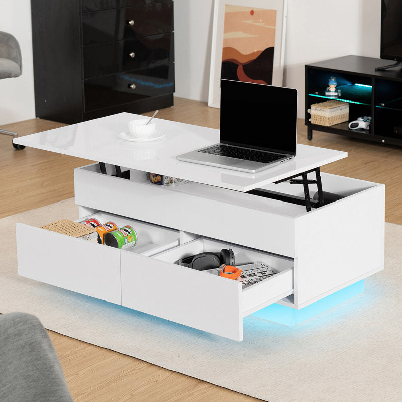Minimalist Lift Top White LED Coffee Table With Storage Compartments