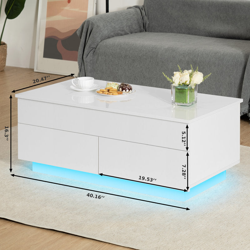 Minimalist Lift Top White LED Coffee Table With Storage Compartments