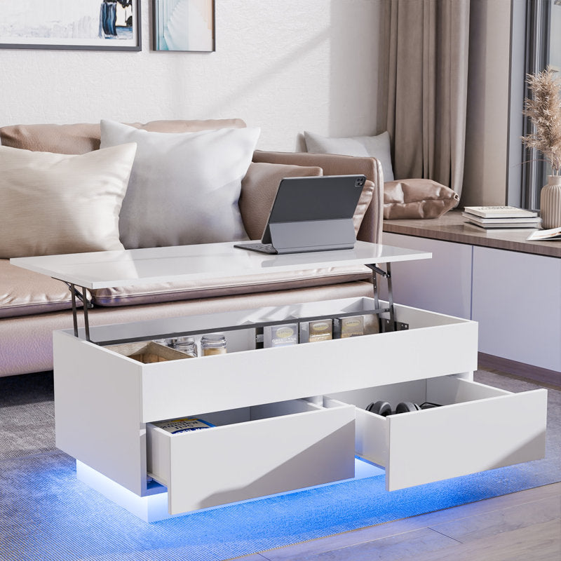 Minimalist Lift Top White LED Coffee Table With Storage Compartments