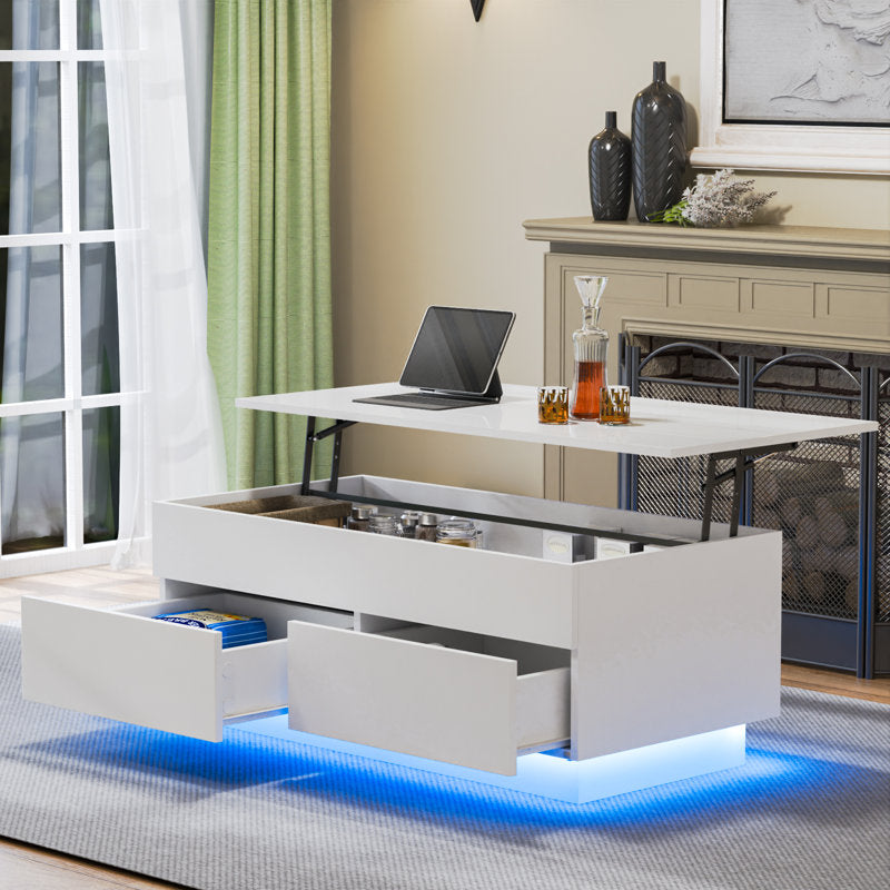 Minimalist Lift Top White LED Coffee Table With Storage Compartments