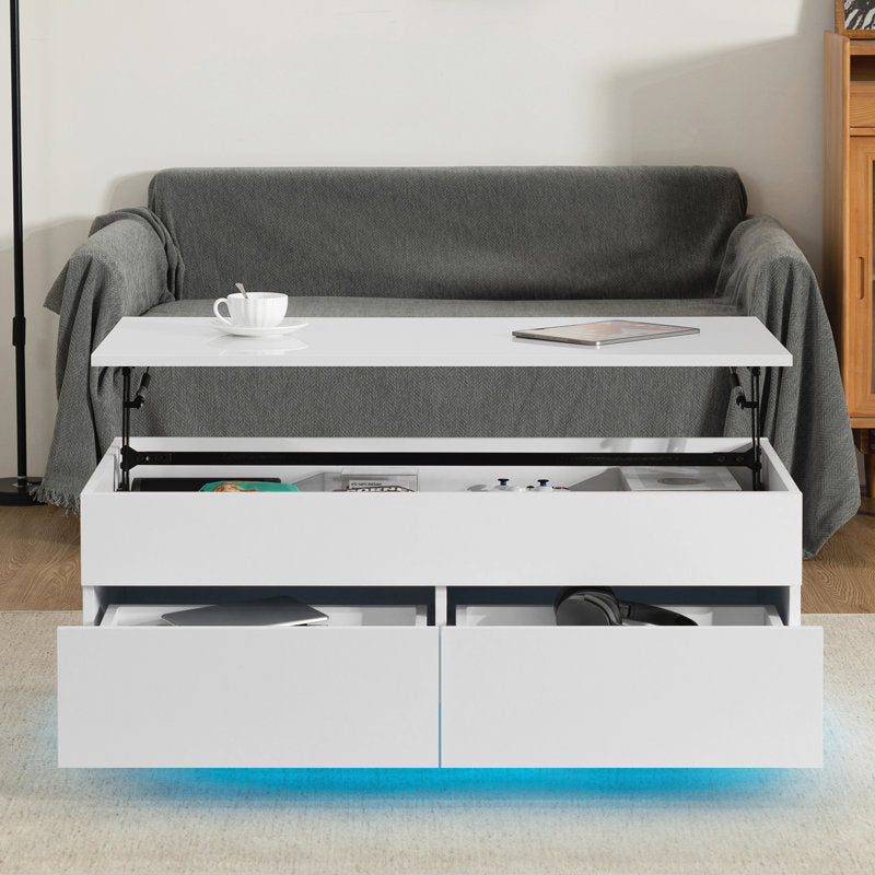 Minimalist Lift Top White LED Coffee Table With Storage Compartments