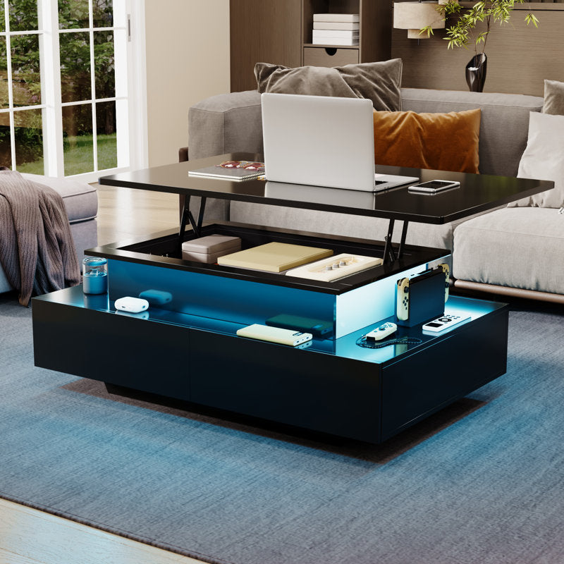 Modern Lift Top Black LED Coffee Table With Hidden Storage