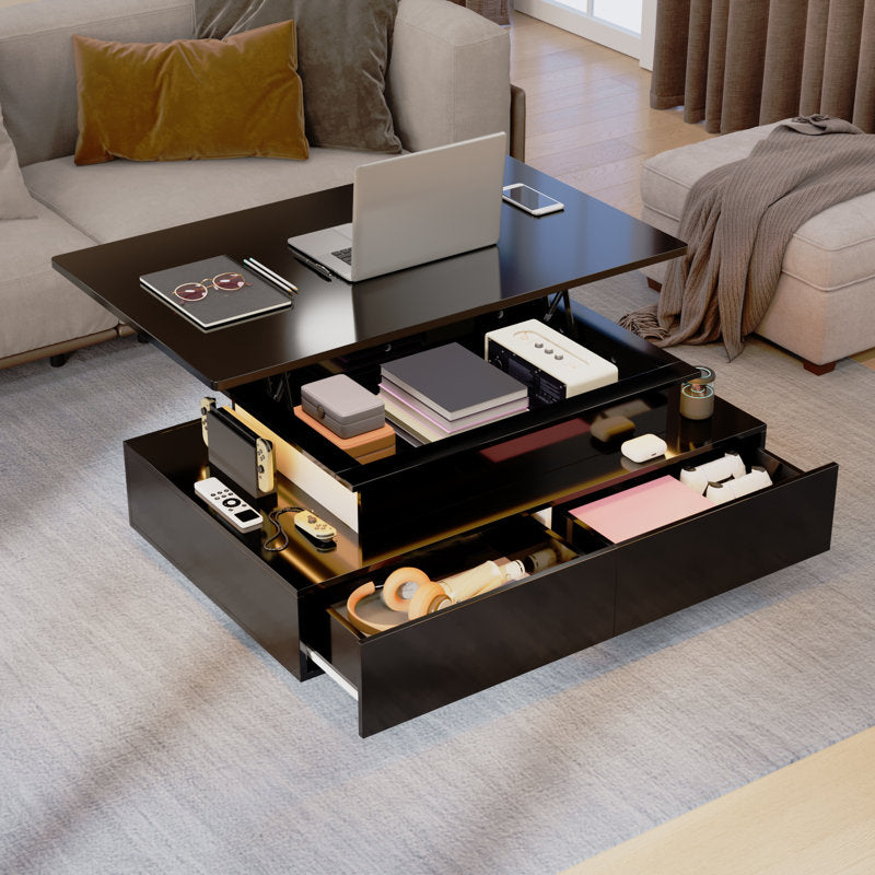 Modern Lift Top Black LED Coffee Table With Hidden Storage
