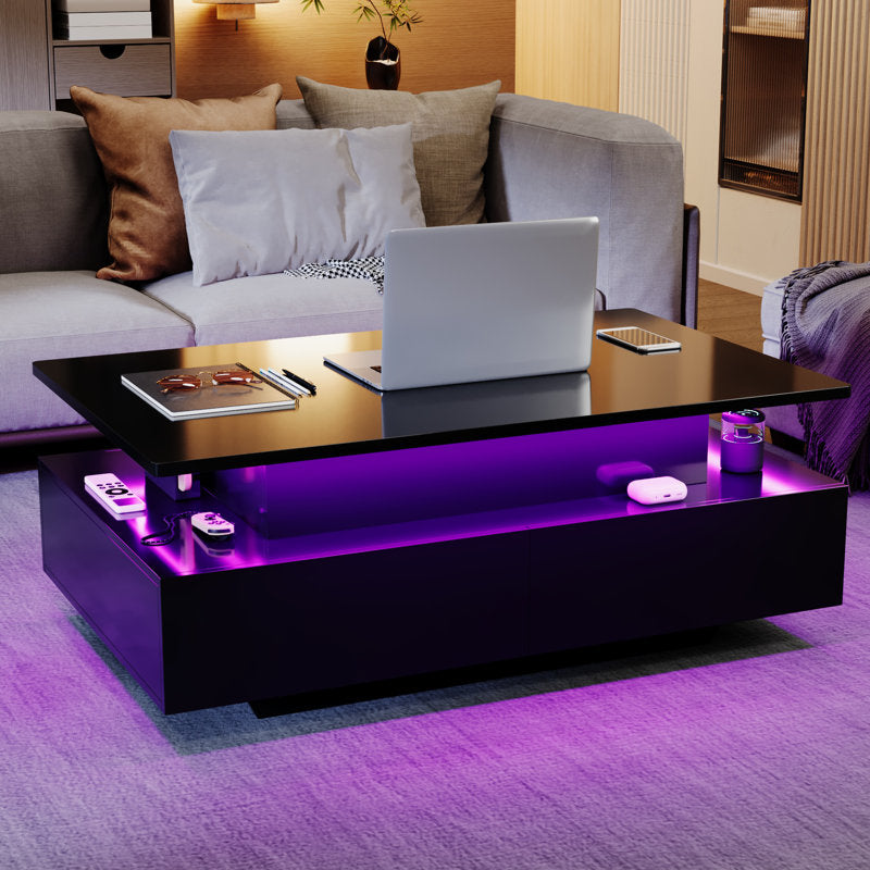 Modern Lift Top Black LED Coffee Table With Hidden Storage