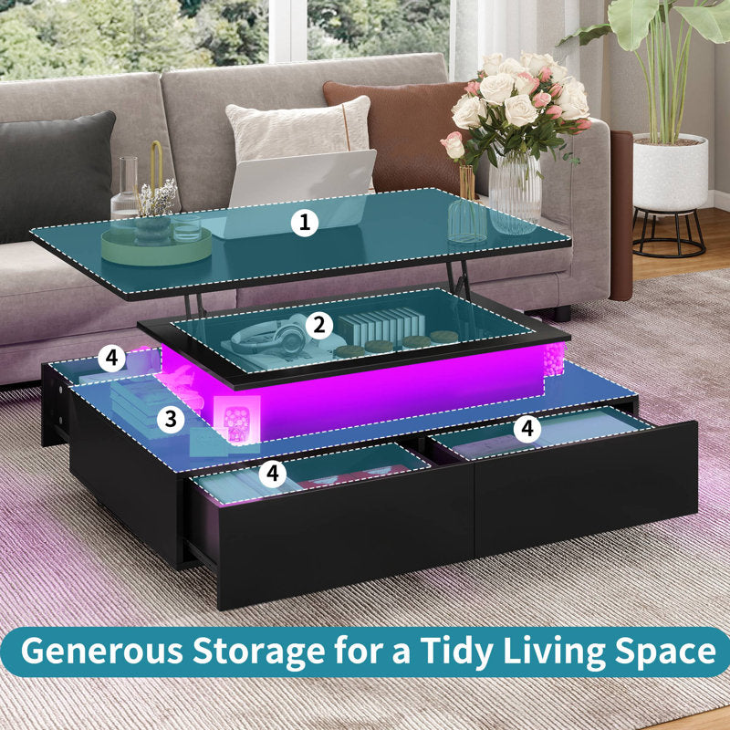 Modern Lift Top Black LED Coffee Table With Hidden Storage