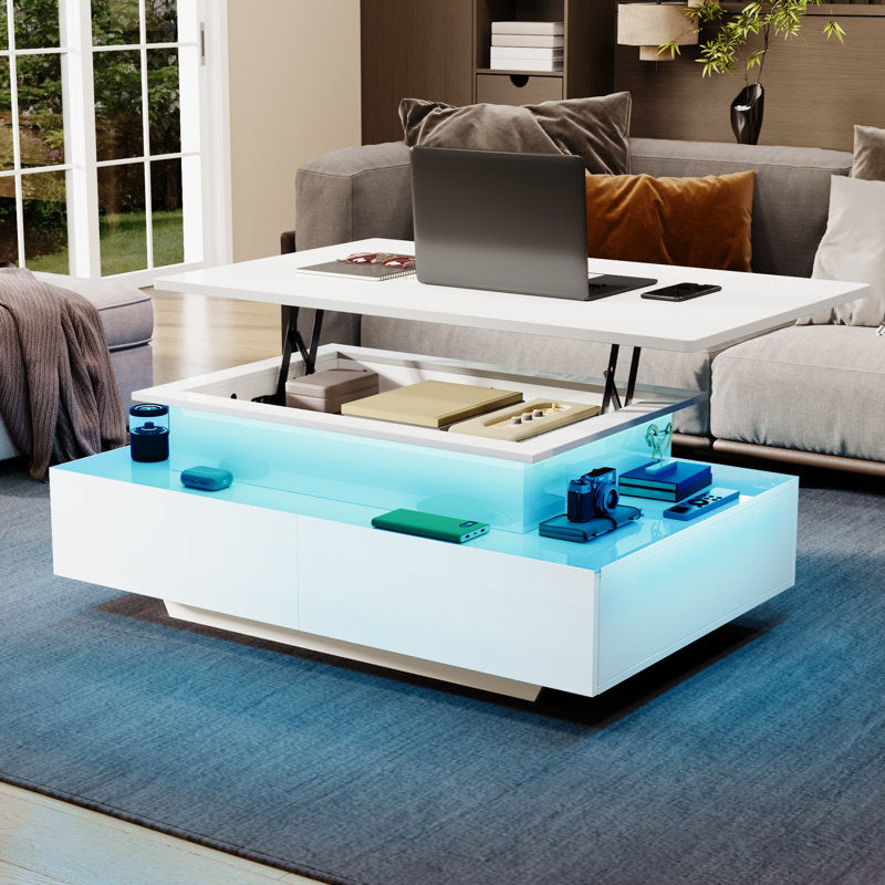 Modern Lift Top White LED Coffee Table With Hidden Storage