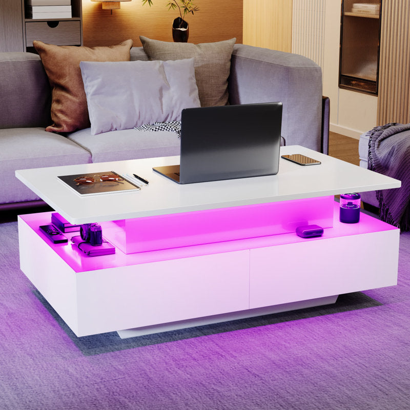 Modern Lift Top White LED Coffee Table With Hidden Storage