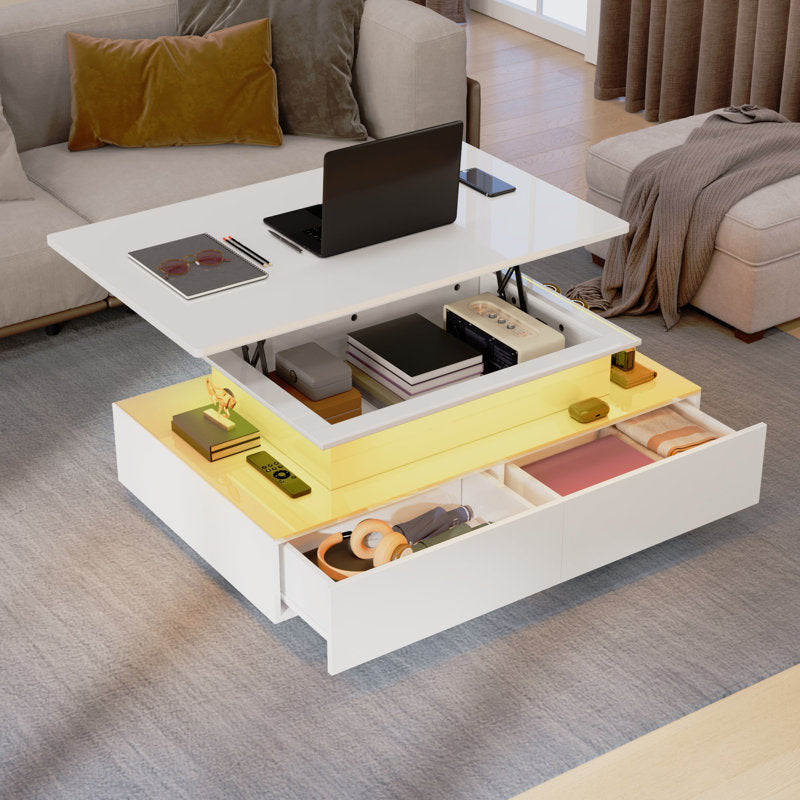 Modern Lift Top White LED Coffee Table With Hidden Storage