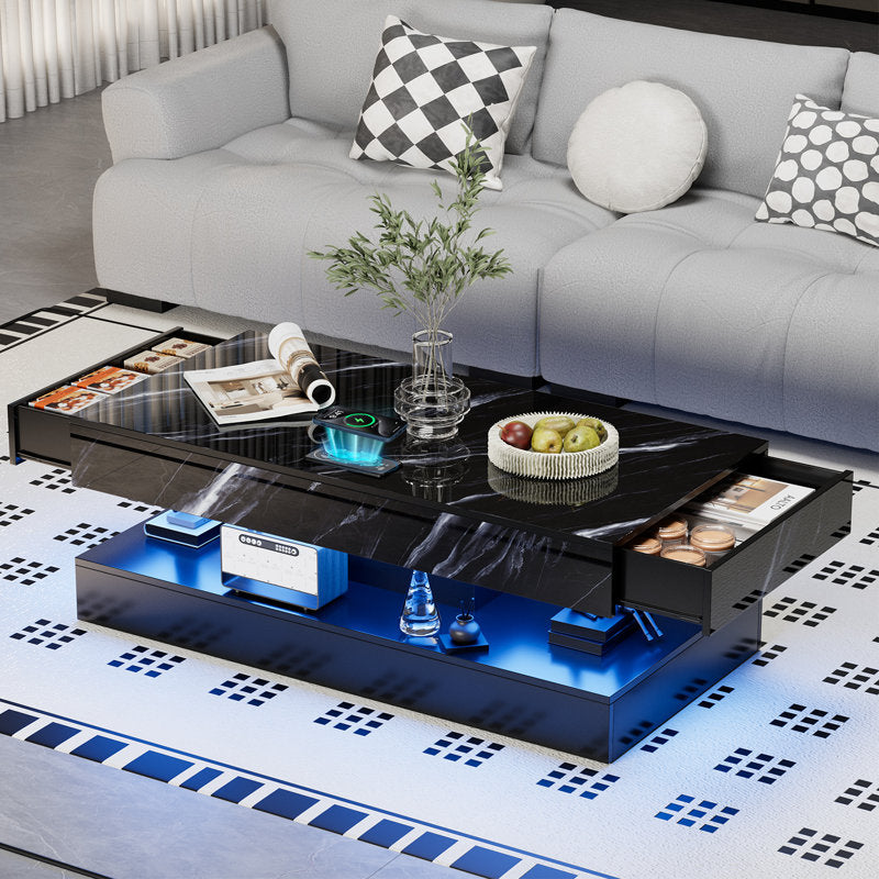 Minimalist LED Coffee Table With Marble Style Top & Display Shelf