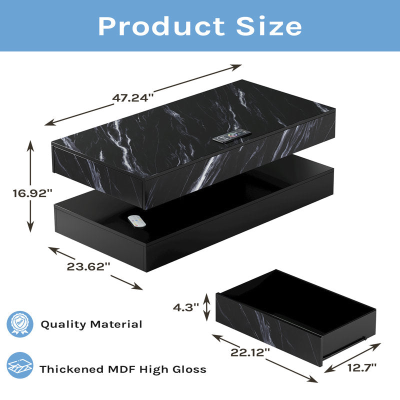 Minimalist LED Coffee Table With Marble Style Top & Display Shelf