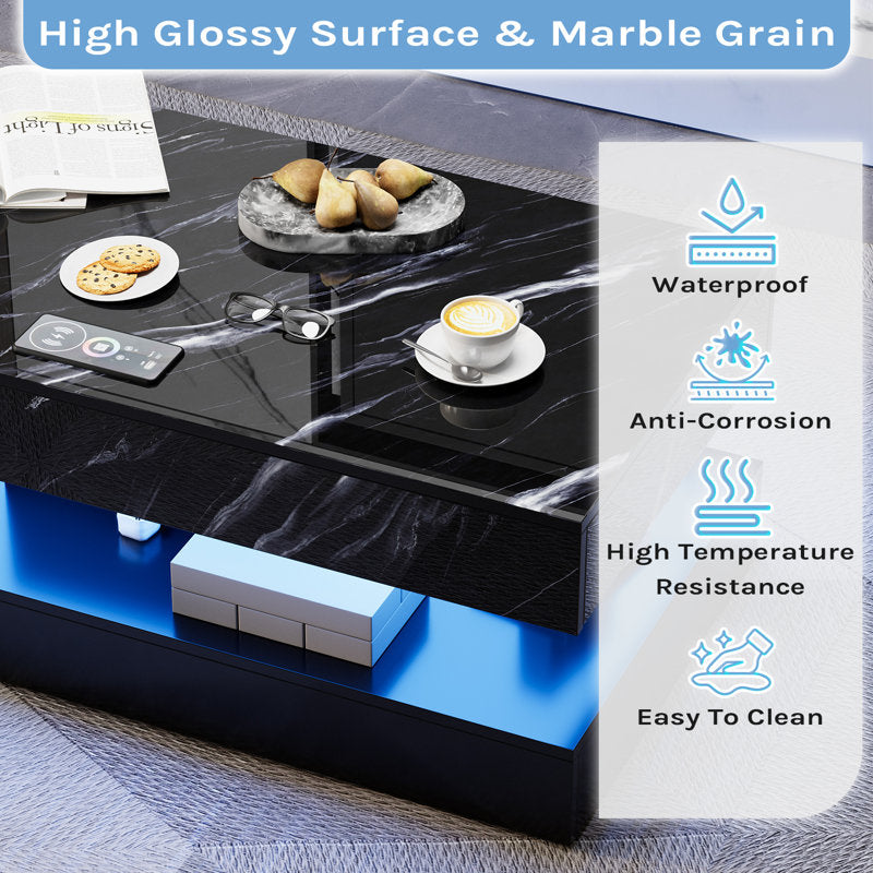 Minimalist LED Coffee Table With Marble Style Top & Display Shelf