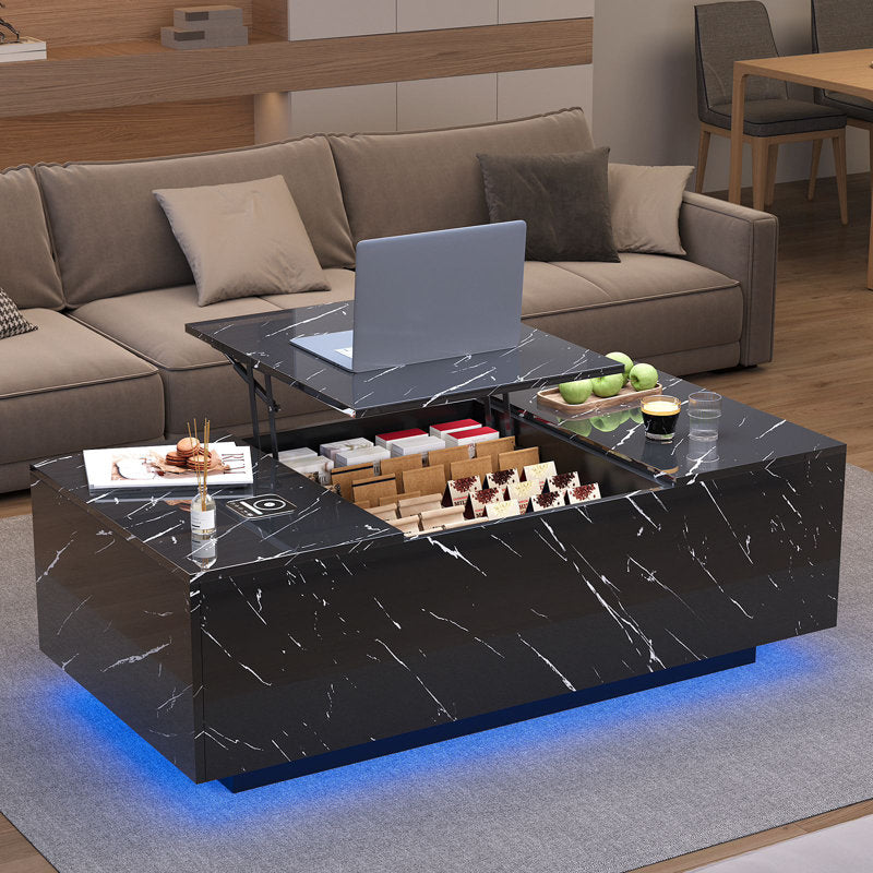 Modern Storage Black LED Coffee Table With Lift Top Work Surface