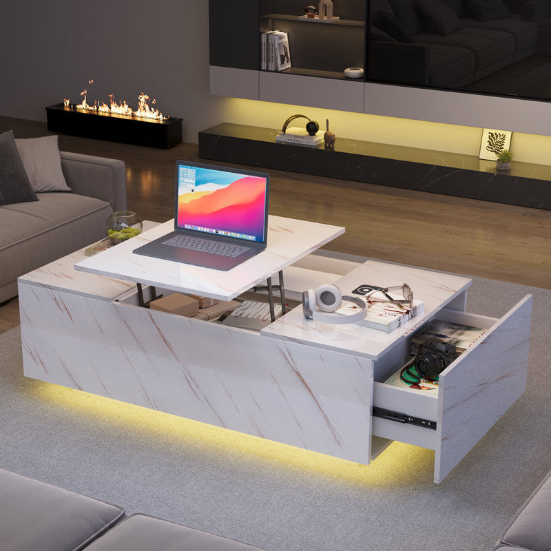 Modern Storage White  LED Coffee Table With Lift Top Work Surface