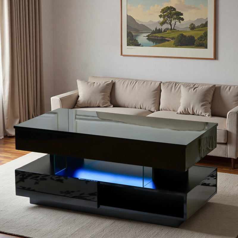 Modern Storage Black LED Coffee Table With High Gloss Finish