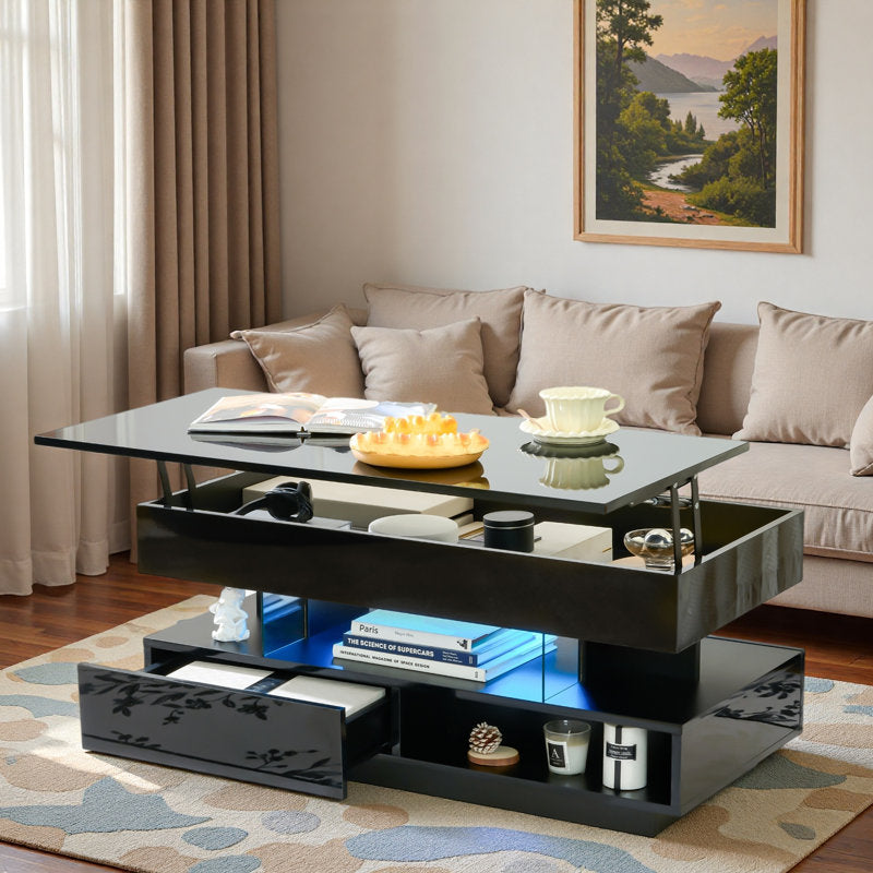 Modern Storage Black LED Coffee Table With High Gloss Finish