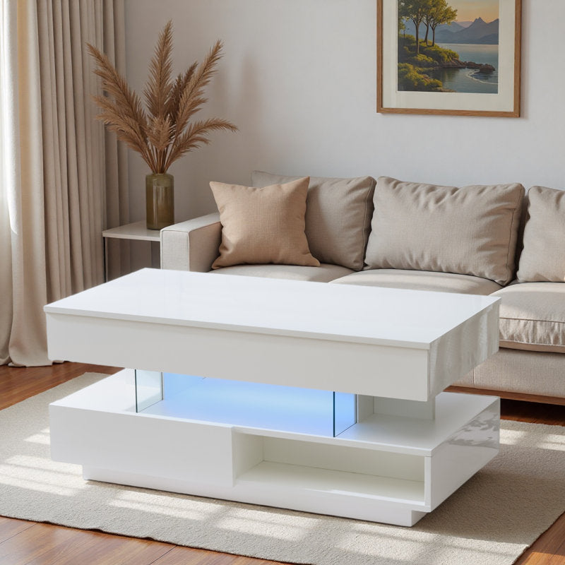 Modern Storage White LED Coffee Table With High Gloss Finish