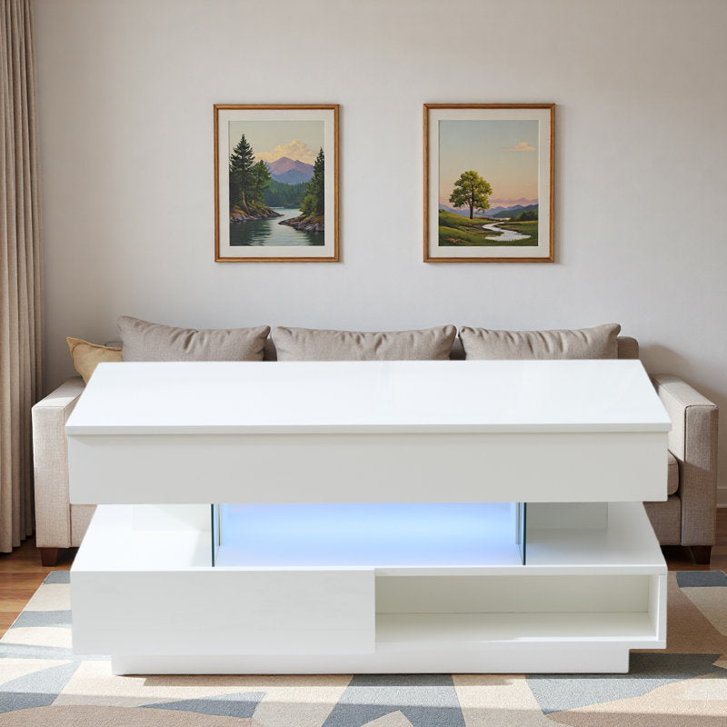Modern Storage White LED Coffee Table With High Gloss Finish