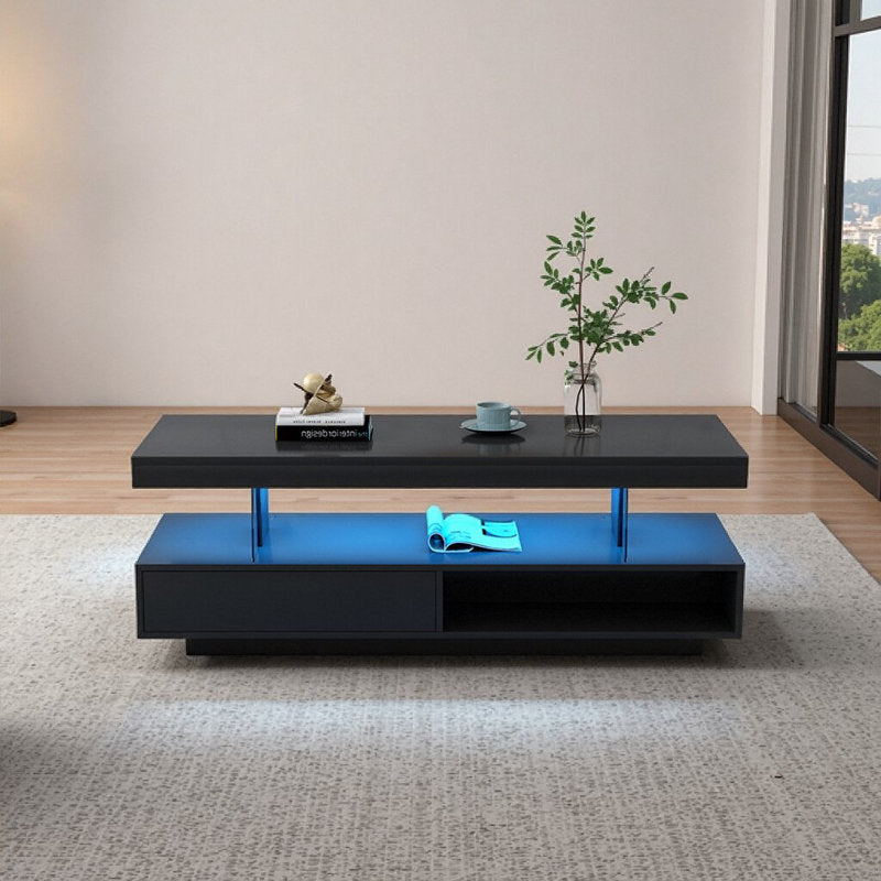 Modern Black LED Coffee Table With Drawer Storage & Open Display Shelf