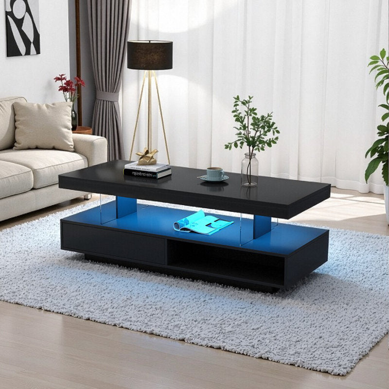 Modern Black LED Coffee Table With Drawer Storage & Open Display Shelf