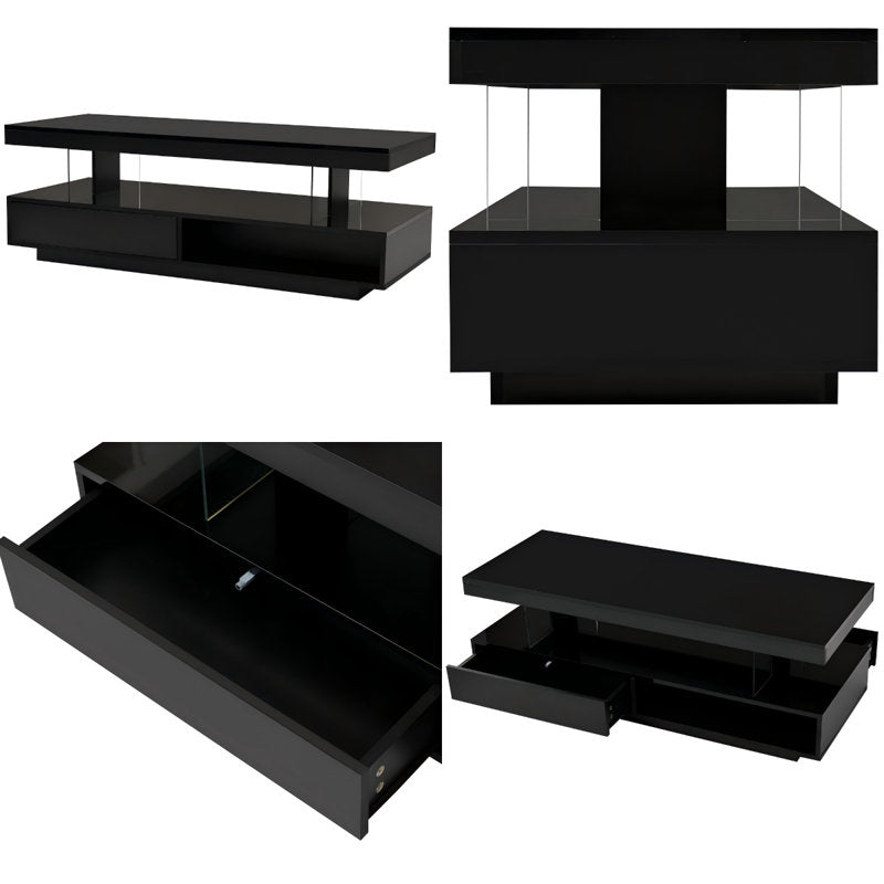 Modern Black LED Coffee Table With Drawer Storage & Open Display Shelf