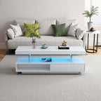 Modern White LED Coffee Table With Drawer Storage & Open Display Shelf