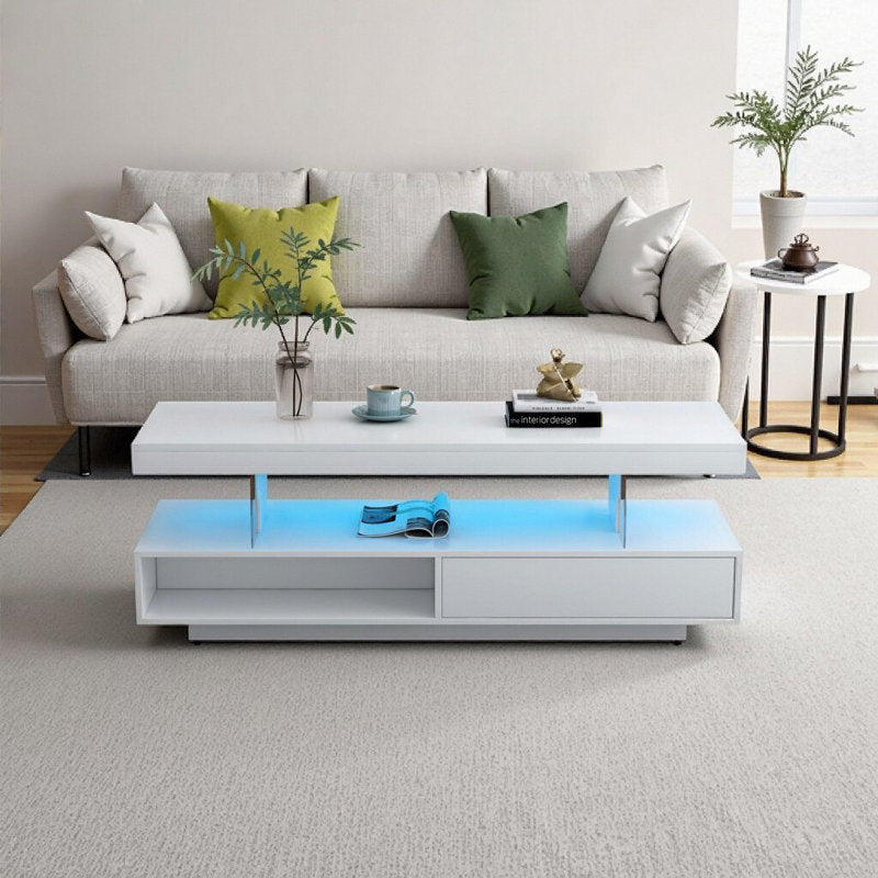 Modern White LED Coffee Table With Drawer Storage & Open Display Shelf