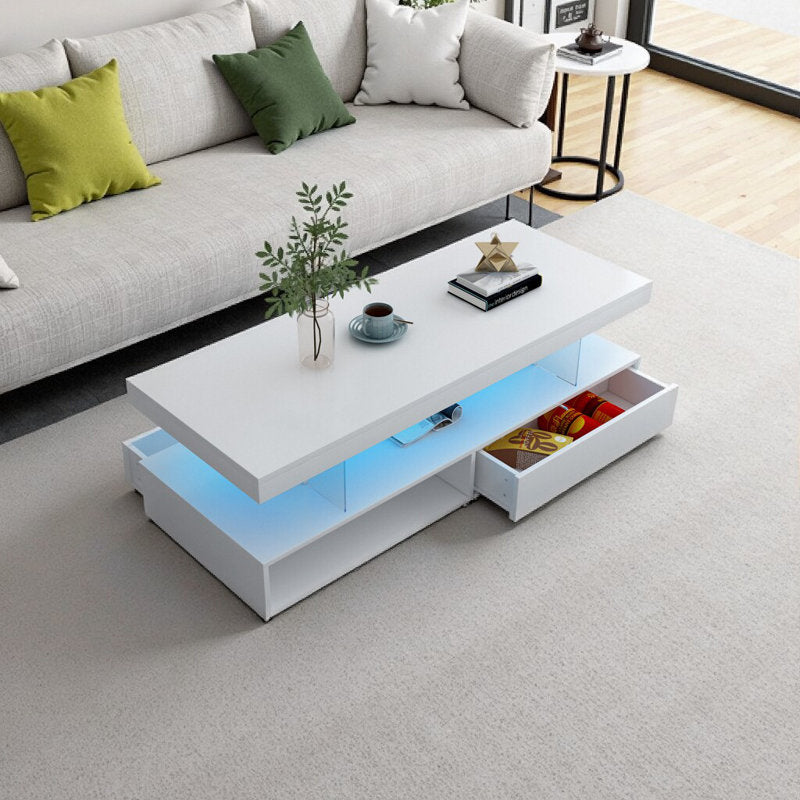 Modern White LED Coffee Table With Drawer Storage & Open Display Shelf