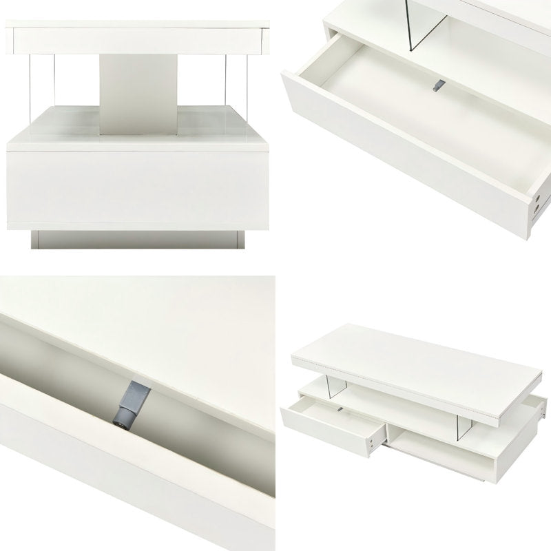 Modern White LED Coffee Table With Drawer Storage & Open Display Shelf