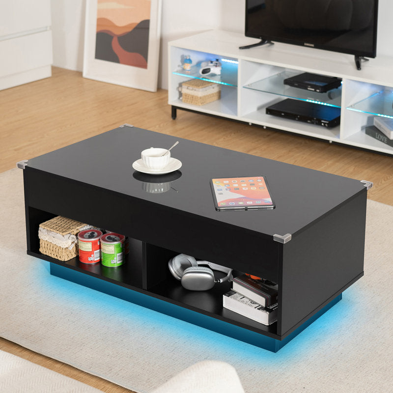 Modern Storage Lift Top Black LED Coffee Table With Open Shelf