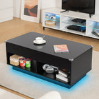 Modern Storage Lift Top Black LED Coffee Table With Open Shelf