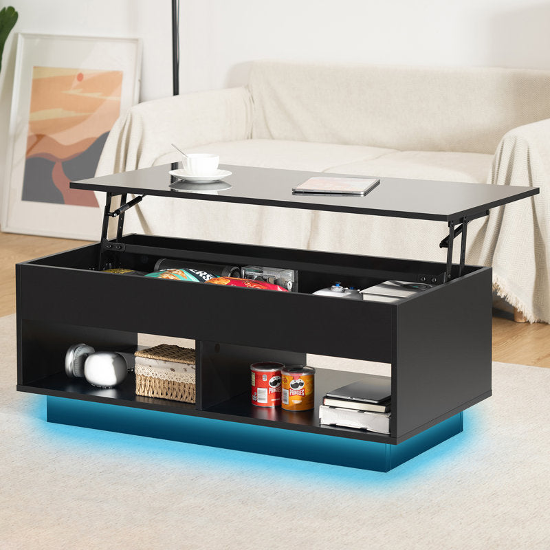 Modern Storage Lift Top Black LED Coffee Table With Open Shelf