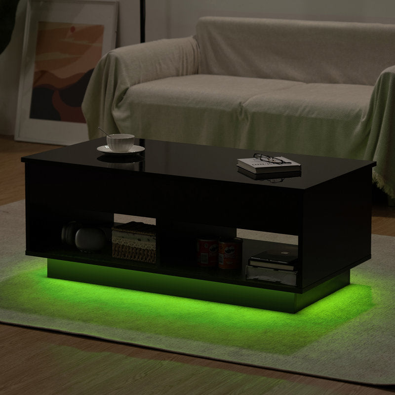 Modern Storage Lift Top Black LED Coffee Table With Open Shelf