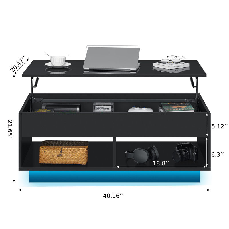 Modern Storage Lift Top Black LED Coffee Table With Open Shelf
