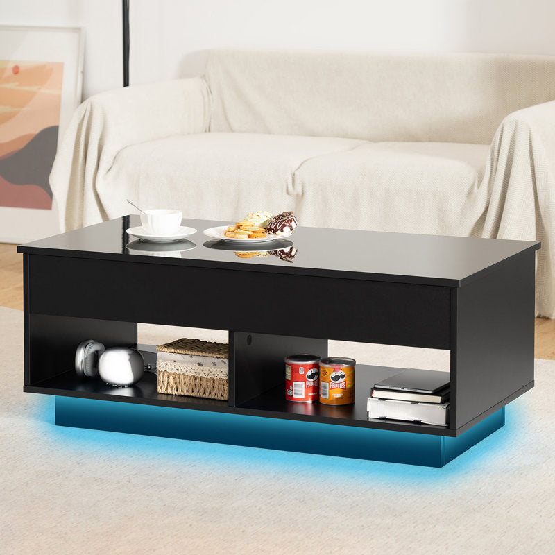 Modern Storage Lift Top Black LED Coffee Table With Open Shelf