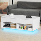 Modern Storage Lift Top White LED Coffee Table With Open Shelf