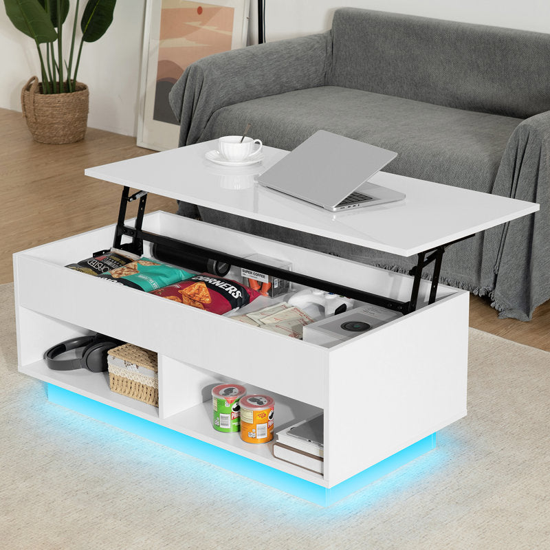 Modern Storage Lift Top White LED Coffee Table With Open Shelf