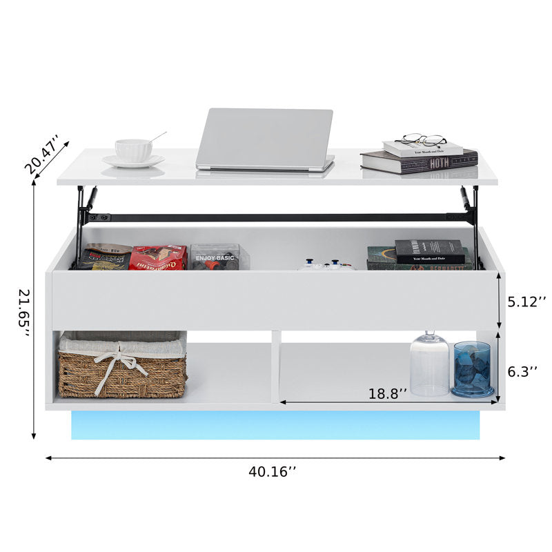 Modern Storage Lift Top White LED Coffee Table With Open Shelf