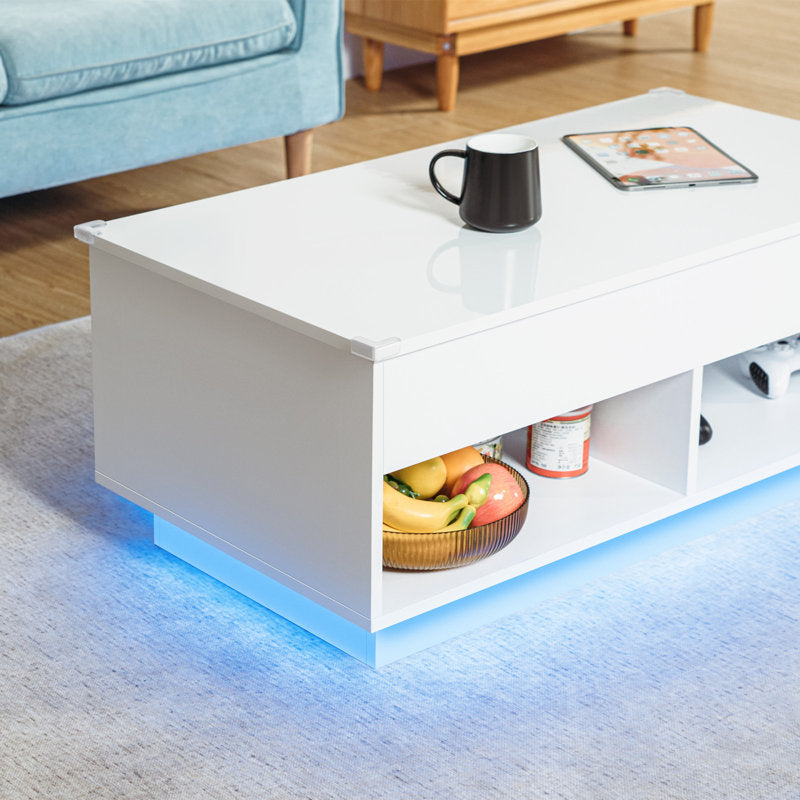 Modern Storage Lift Top White LED Coffee Table With Open Shelf
